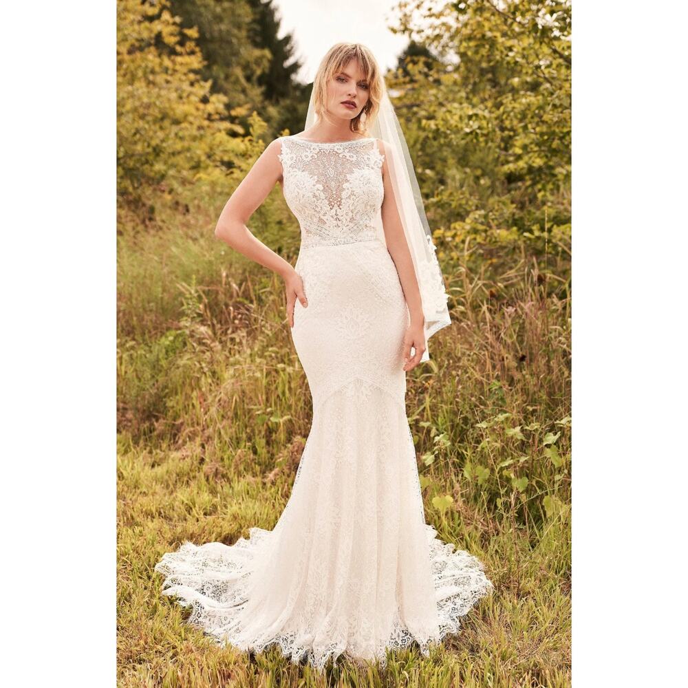 LILLIAN WEST 66191 Boho Lace Mermaid Wedding Gown Removable Sleeves Bridal Dress